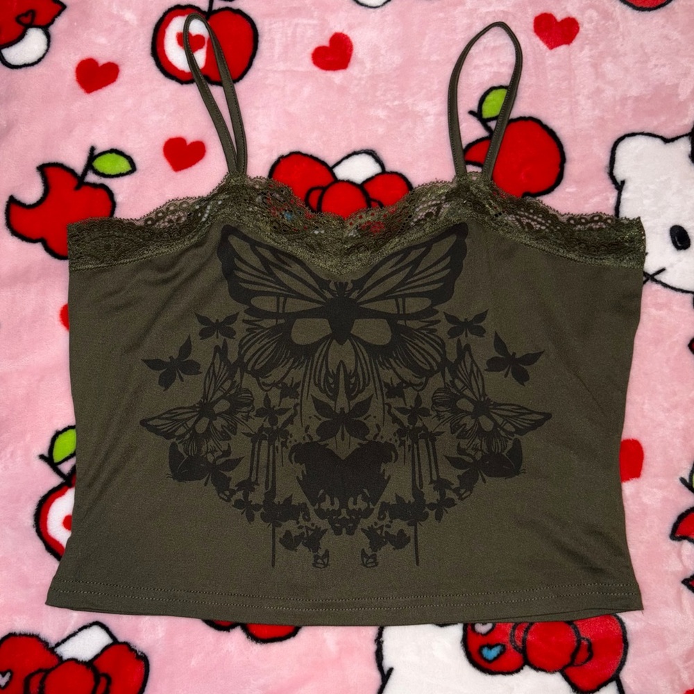 SHEIN Dark Olive Green Butterflies Tank Cami Size L
